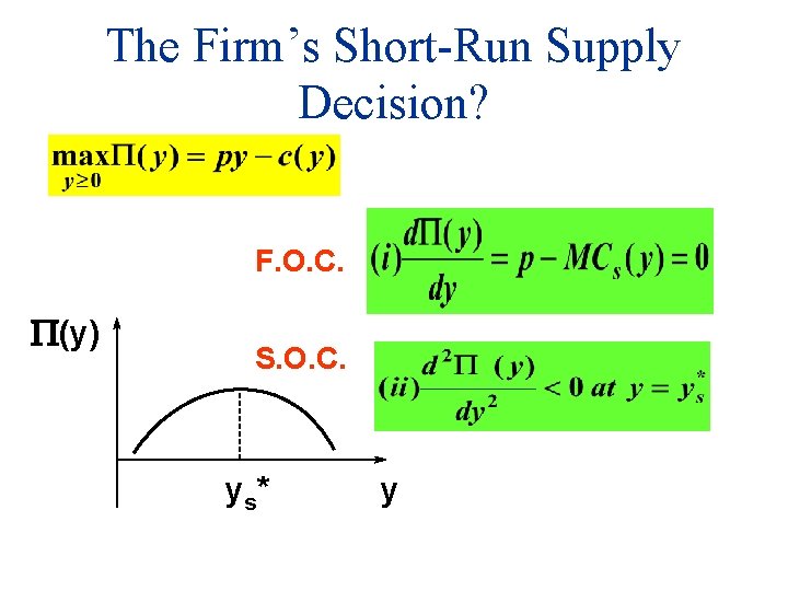 The Firm’s Short-Run Supply Decision? F. O. C. P(y) S. O. C. y s*