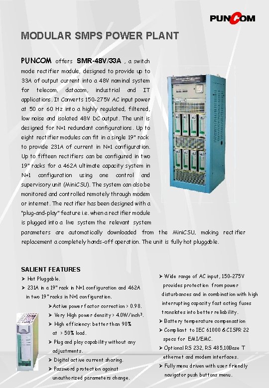 MODULAR SMPS POWER PLANT PUNCOM offers SMR-48 V/33 A , a switch mode rectifier