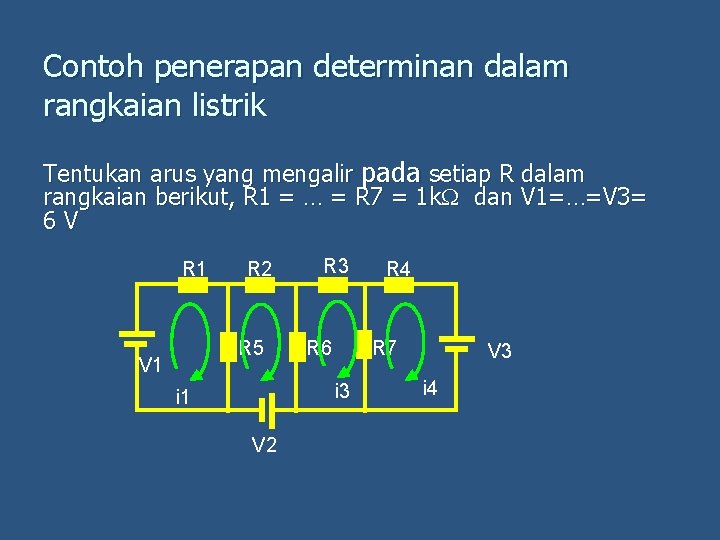 Contoh penerapan determinan dalam rangkaian listrik Tentukan arus yang mengalir pada setiap R dalam