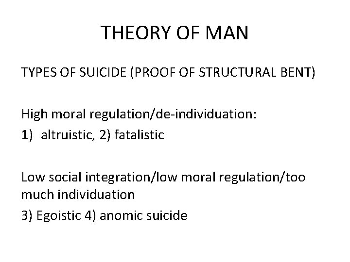 THEORY OF MAN TYPES OF SUICIDE (PROOF OF STRUCTURAL BENT) High moral regulation/de-individuation: 1)