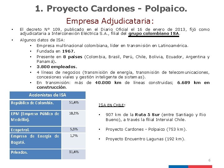 1. Proyecto Cardones - Polpaico. Empresa Adjudicataria: • El decreto N° 109, publicado en