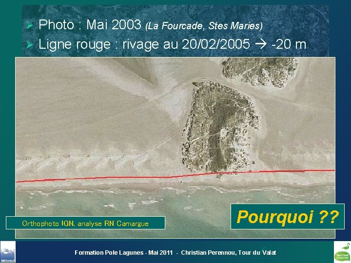 Photo : Mai 2003 (La Fourcade, Stes Maries) Ø Ligne rouge : rivage au