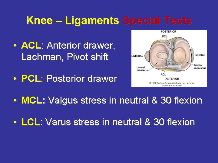 Knee – Ligaments Special Tests • ACL: Anterior drawer, Lachman, Pivot shift • PCL: