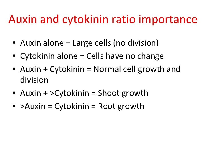 Auxin and cytokinin ratio importance • Auxin alone = Large cells (no division) • Auxin and cytokinin ratio importance • Auxin alone = Large cells (no division) •