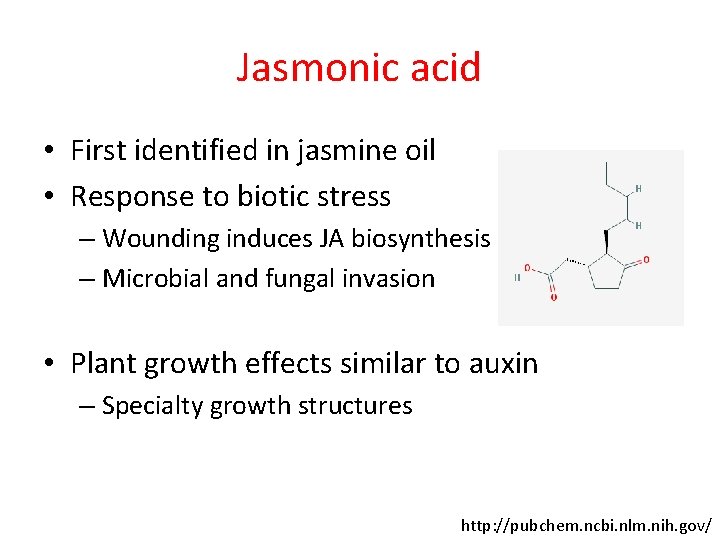 Jasmonic acid • First identified in jasmine oil • Response to biotic stress – Jasmonic acid • First identified in jasmine oil • Response to biotic stress –