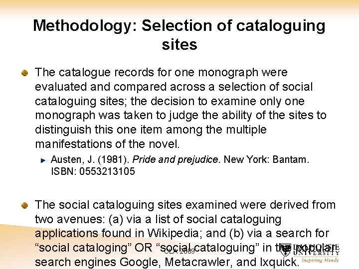 Methodology: Selection of cataloguing sites The catalogue records for one monograph were evaluated and