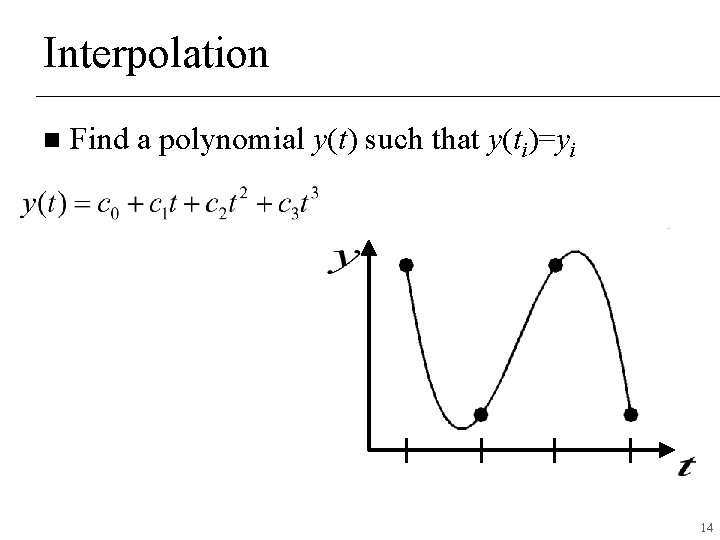 Interpolation n Find a polynomial y(t) such that y(ti)=yi 14 Interpolation n Find a polynomial y(t) such that y(ti)=yi 14