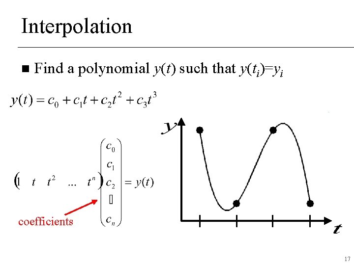 Interpolation n Find a polynomial y(t) such that y(ti)=yi coefficients 17 Interpolation n Find a polynomial y(t) such that y(ti)=yi coefficients 17
