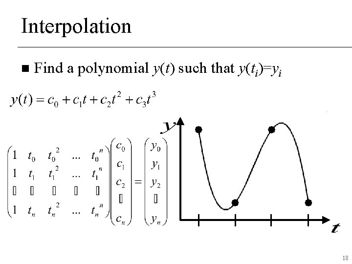 Interpolation n Find a polynomial y(t) such that y(ti)=yi 18 Interpolation n Find a polynomial y(t) such that y(ti)=yi 18