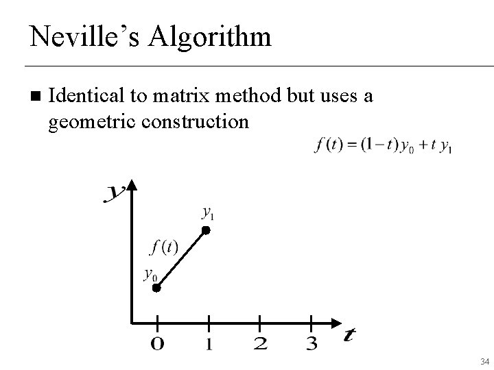 Neville’s Algorithm n Identical to matrix method but uses a geometric construction 34 Neville’s Algorithm n Identical to matrix method but uses a geometric construction 34