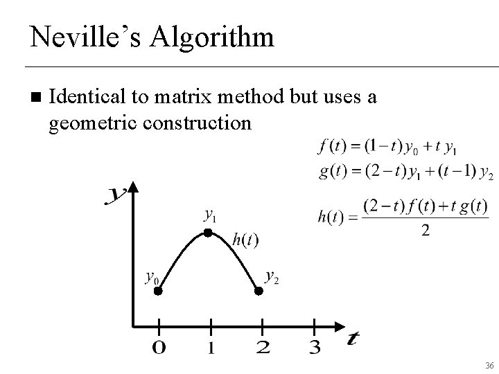 Neville’s Algorithm n Identical to matrix method but uses a geometric construction 36 Neville’s Algorithm n Identical to matrix method but uses a geometric construction 36