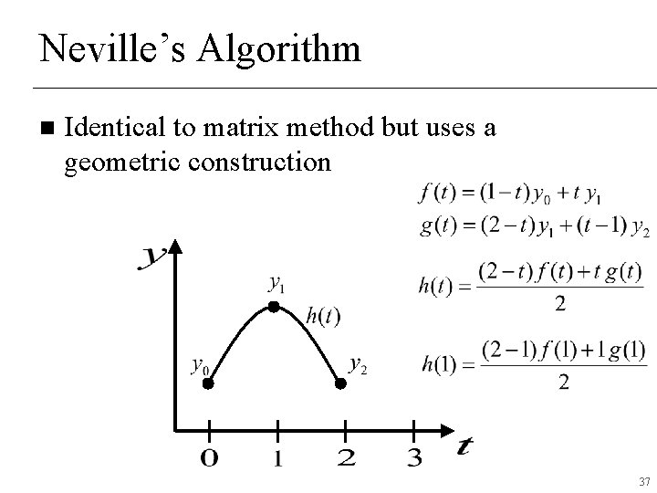 Neville’s Algorithm n Identical to matrix method but uses a geometric construction 37 Neville’s Algorithm n Identical to matrix method but uses a geometric construction 37