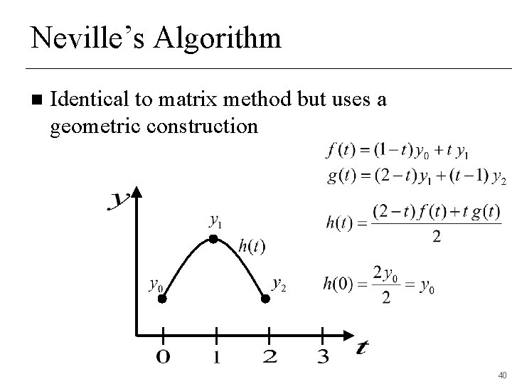 Neville’s Algorithm n Identical to matrix method but uses a geometric construction 40 Neville’s Algorithm n Identical to matrix method but uses a geometric construction 40