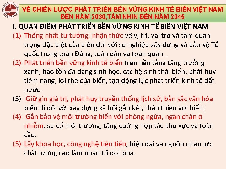 VỀ CHIẾN LƯỢC PHÁT TRIỂN BỀN VỮNG KINH TẾ BIỂN VIỆT NAM ĐẾN NĂM