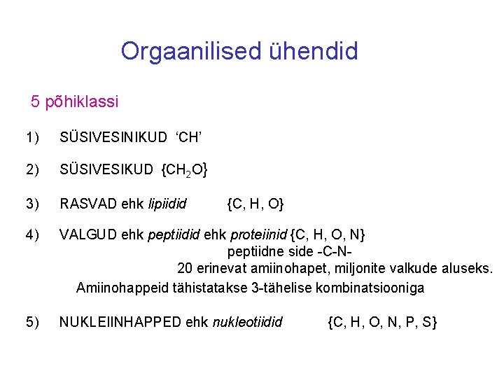 Orgaanilised ühendid 5 põhiklassi 1) SÜSIVESINIKUD ‘CH’ 2) SÜSIVESIKUD {CH 2 O} 3) RASVAD