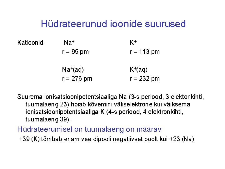 Hüdrateerunud ioonide suurused Katioonid Na+ r = 95 pm K+ r = 113 pm