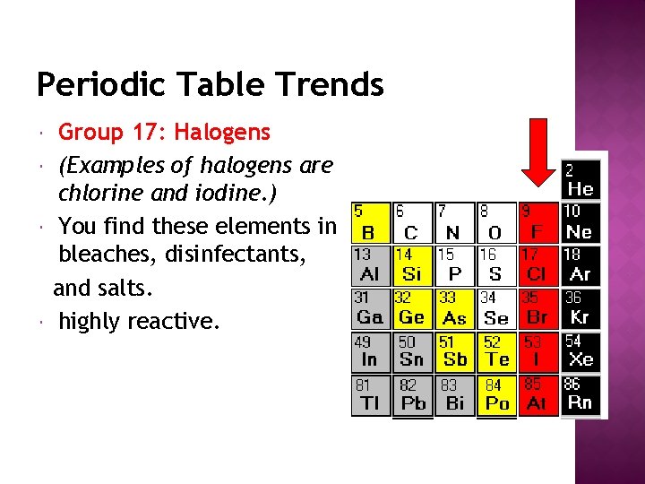 Periodic Table Trends Group 17: Halogens (Examples of halogens are chlorine and iodine. )