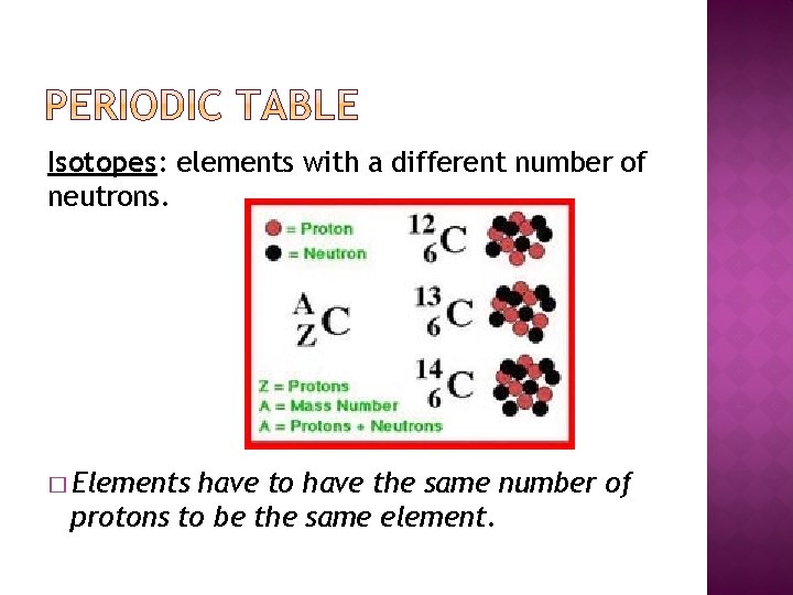 Isotopes: elements with a different number of neutrons. � Elements have to have the