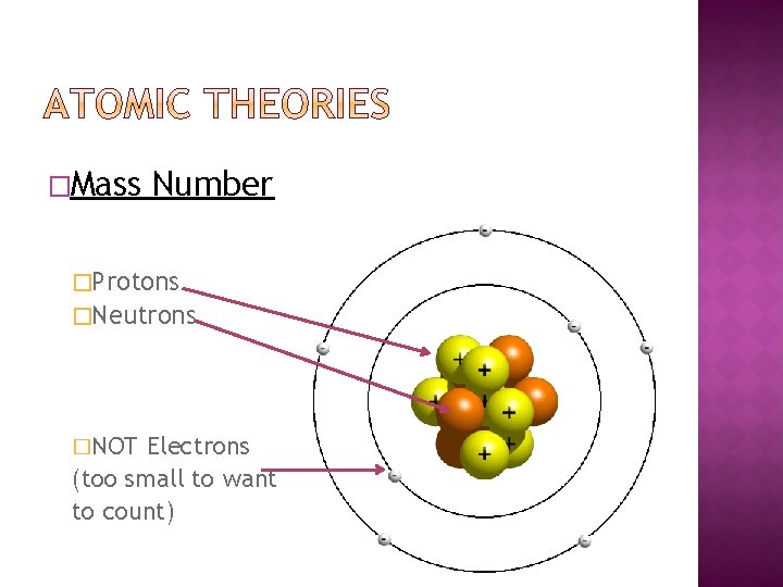 �Mass Number �Protons �Neutrons �NOT Electrons (too small to want to count) 