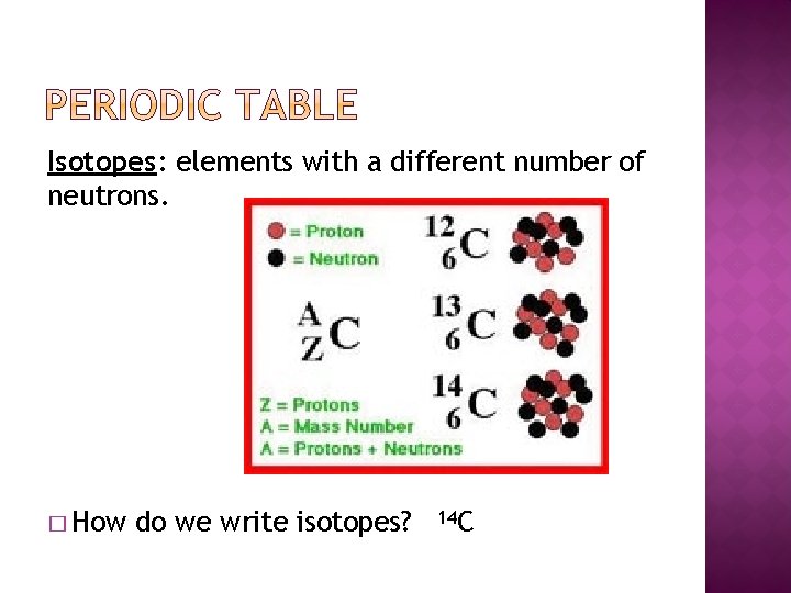 Isotopes: elements with a different number of neutrons. � How do we write isotopes?