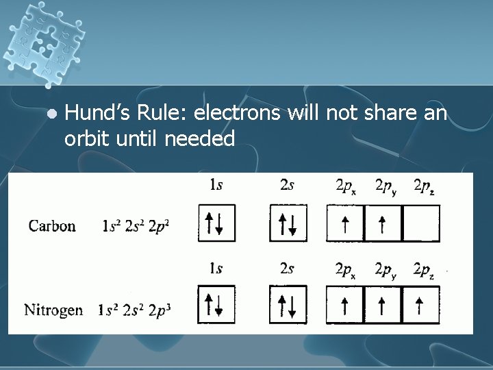 l Hund’s Rule: electrons will not share an orbit until needed 