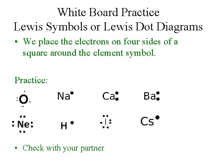White Board Practice Lewis Symbols or Lewis Dot Diagrams • We place the electrons