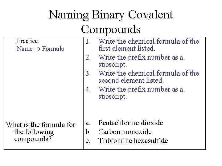 Naming Binary Covalent Compounds Practice Name Formula What is the formula for the following