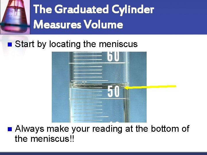 The Graduated Cylinder Measures Volume n Start by locating the meniscus n Always make