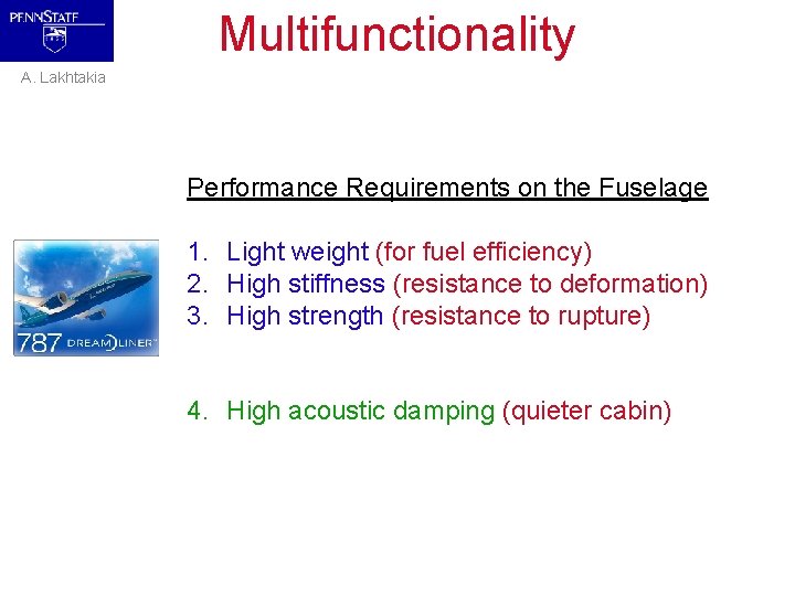 Multifunctionality A. Lakhtakia Performance Requirements on the Fuselage 1. Light weight (for fuel efficiency)