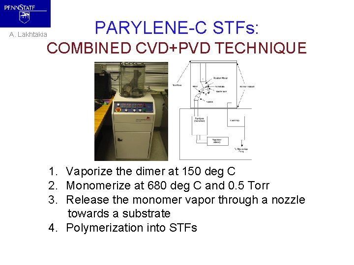 A. Lakhtakia PARYLENE-C STFs: COMBINED CVD+PVD TECHNIQUE 1. Vaporize the dimer at 150 deg