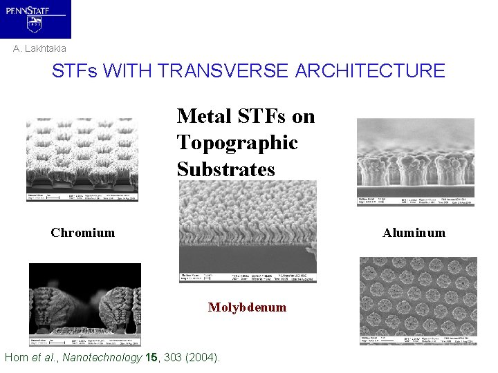 A. Lakhtakia STFs WITH TRANSVERSE ARCHITECTURE Metal STFs on Topographic Substrates Chromium Aluminum Molybdenum