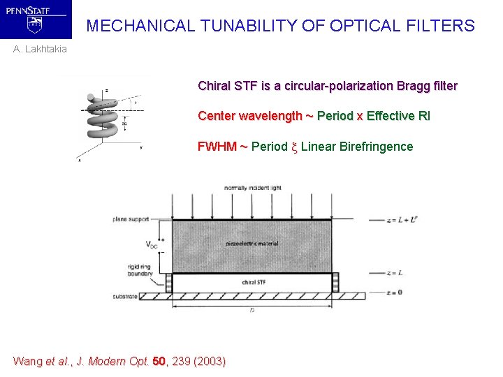 MECHANICAL TUNABILITY OF OPTICAL FILTERS A. Lakhtakia Chiral STF is a circular-polarization Bragg filter