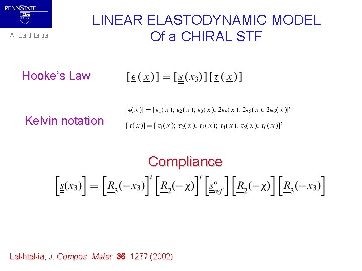 A. Lakhtakia LINEAR ELASTODYNAMIC MODEL Of a CHIRAL STF Hooke’s Law Kelvin notation Compliance