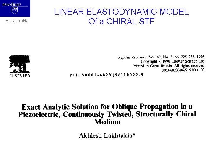 A. Lakhtakia LINEAR ELASTODYNAMIC MODEL Of a CHIRAL STF Solve Navier’s equation 
