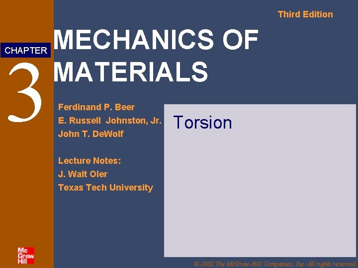 Third Edition 3 CHAPTER MECHANICS OF MATERIALS Ferdinand P. Beer E. Russell Johnston, Jr.