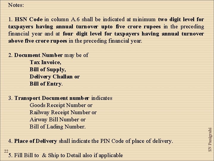 Notes: 1. HSN Code in column A. 6 shall be indicated at minimum two