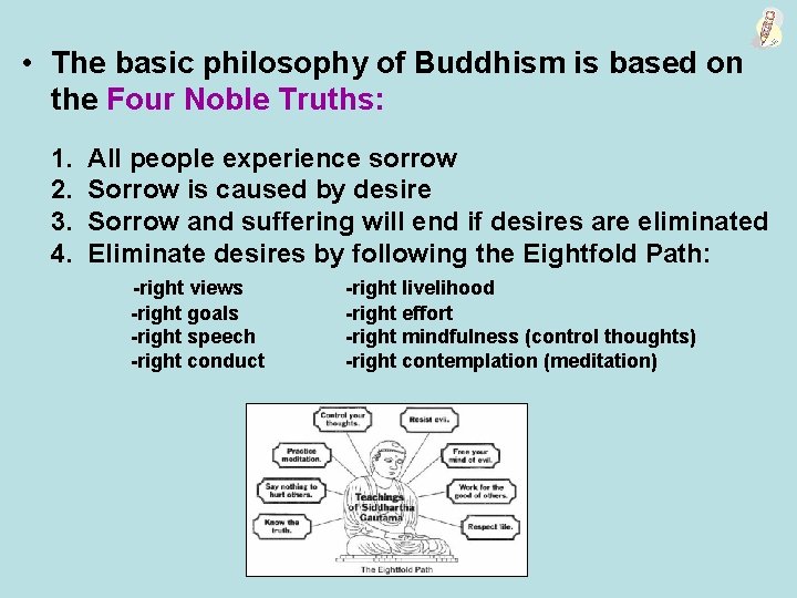  • The basic philosophy of Buddhism is based on the Four Noble Truths: