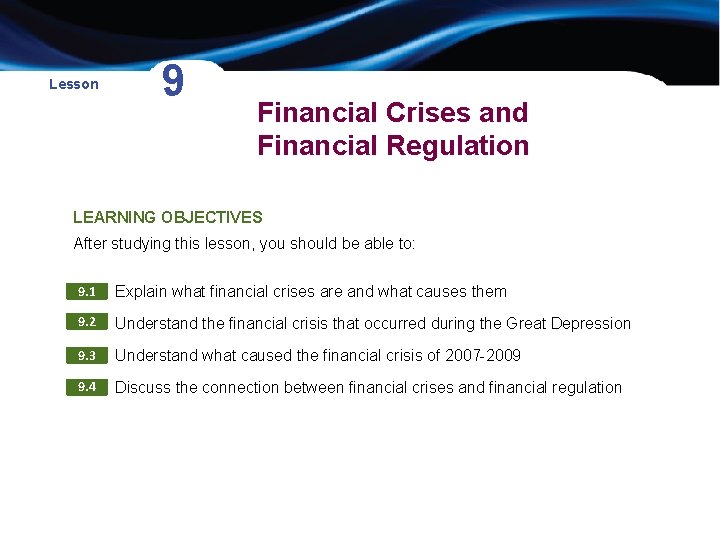 Lesson 9 Financial Crises and Financial Regulation LEARNING OBJECTIVES After studying this lesson, you