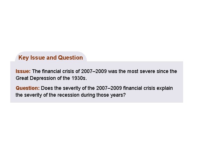 Key Issue and Question Issue: The financial crisis of 2007– 2009 was the most