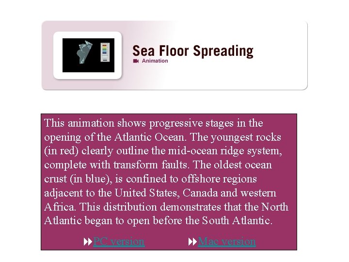 Sea Floor Spreading This animation shows progressive stages in the opening of the Atlantic