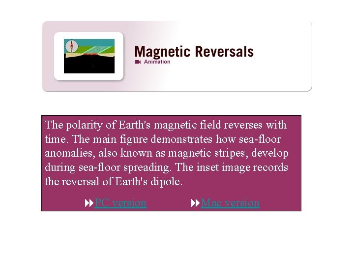 Magnetic Reversals The polarity of Earth's magnetic field reverses with time. The main figure