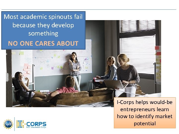 Most academic spinouts fail because they develop something NO ONE CARES ABOUT I-Corps helps