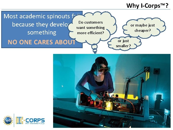 Why I-Corps™? Most academic spinouts fail Do customers because they develop want something more