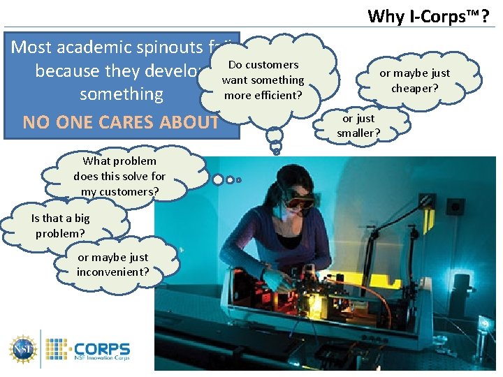 Why I-Corps™? Most academic spinouts fail Do customers because they develop want something more