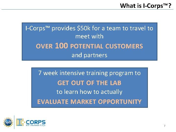 What is I-Corps™? I-Corps™ provides $50 k for a team to travel to meet