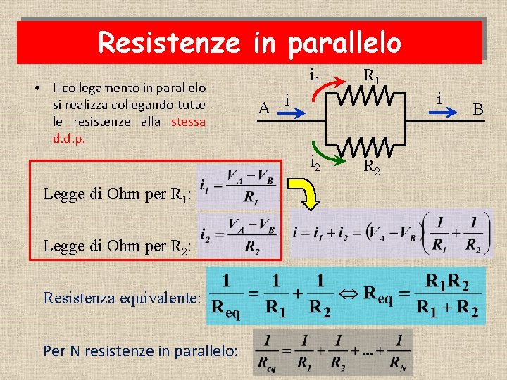 Resistenze in parallelo • Il collegamento in parallelo si realizza collegando tutte le resistenze