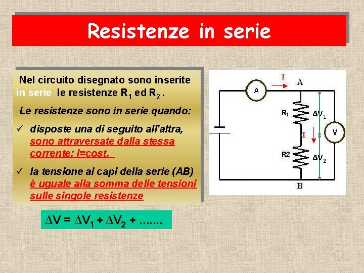 Resistenze in serie Nel circuito disegnato sono inserite in serie le resistenze R 1