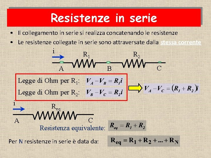 Resistenze in serie • Il collegamento in serie si realizza concatenando le resistenze •