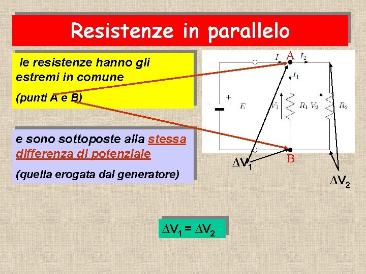 Resistenze in parallelo A le resistenze hanno gli estremi in comune (punti A e