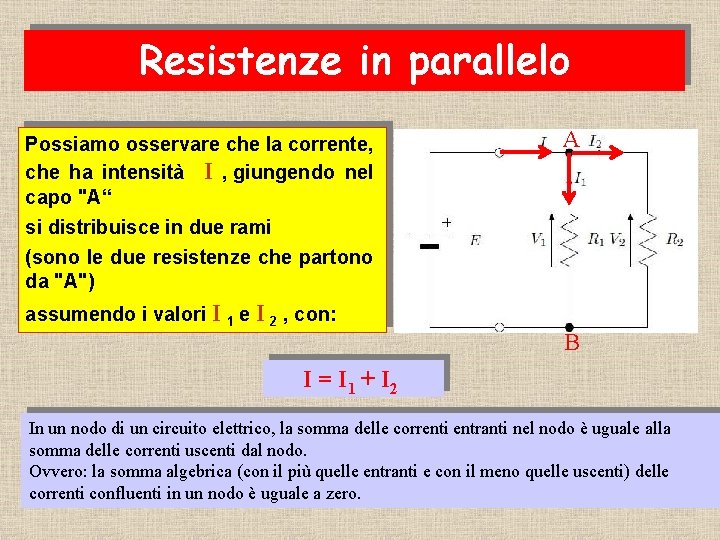 Resistenze in parallelo Possiamo osservare che la corrente, che ha intensità I , giungendo